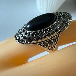 Fashion Jewelry Black Oval Marcasite-Style Cocktail Ring